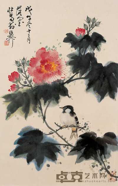 谢稚柳 芙蓉栖鸟 镜心 66×42cm